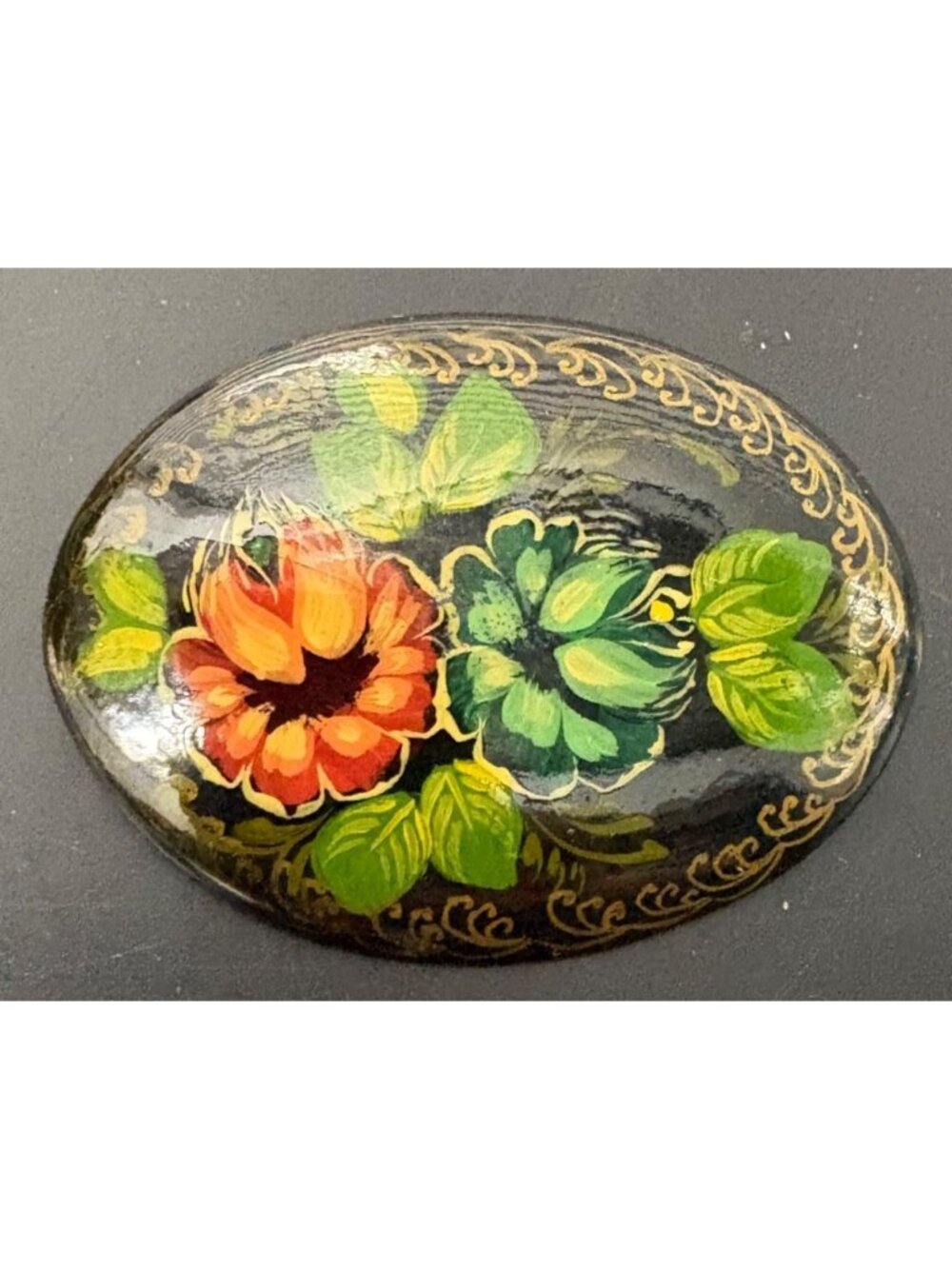 Hand-Painted Russian Lacquer Floral Brooch Pin Artist Signed 1992
